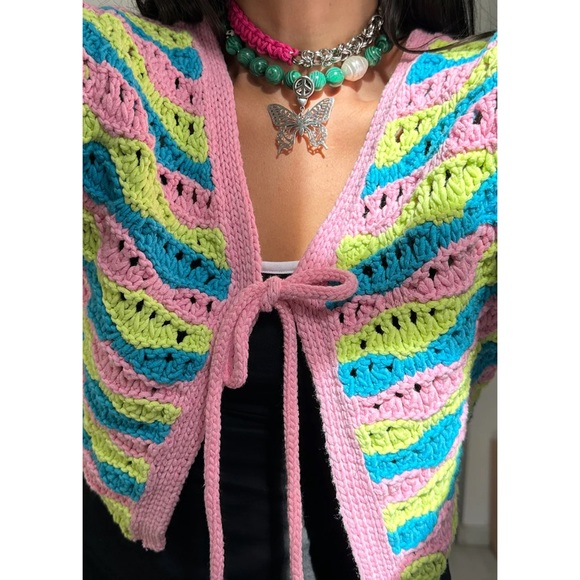 Zara crochet chunky knit tie front cardigan pink blue green - Picture 8 of 9